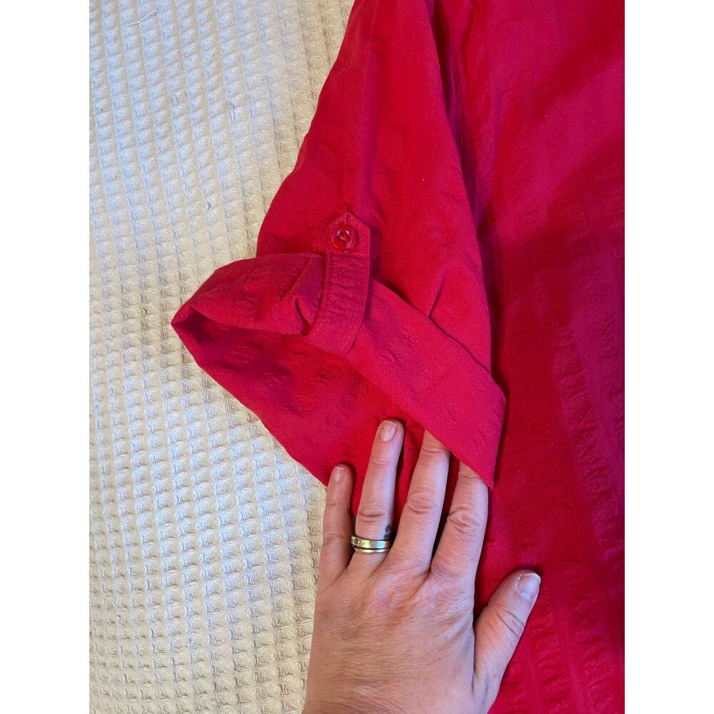 Woman Within Boho Cottage Cotton Red Textured Roll Tab Sleeves Button Up Top Lg - Picture 6 of 11
